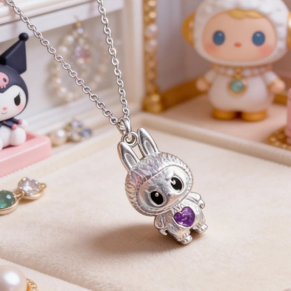 Labubu Inspired 925 Sterling Silver Purple Heart Necklace Artisan Edition